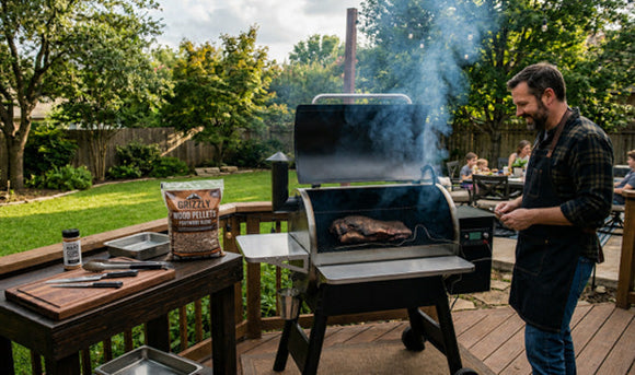 Pellet grill smoking brisket in a backyard